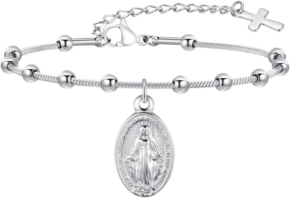 Rosary Bracelet For Women Hers, Gold Plated Stainless Steel Religious Cross And Virgin Mary Prayer Bracelets Gifts