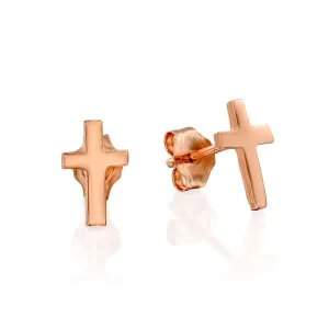 Rose Gold Cross Stud Earrings - Designer Handmade Minimalist Christian Post Earrings (Rose Gold)