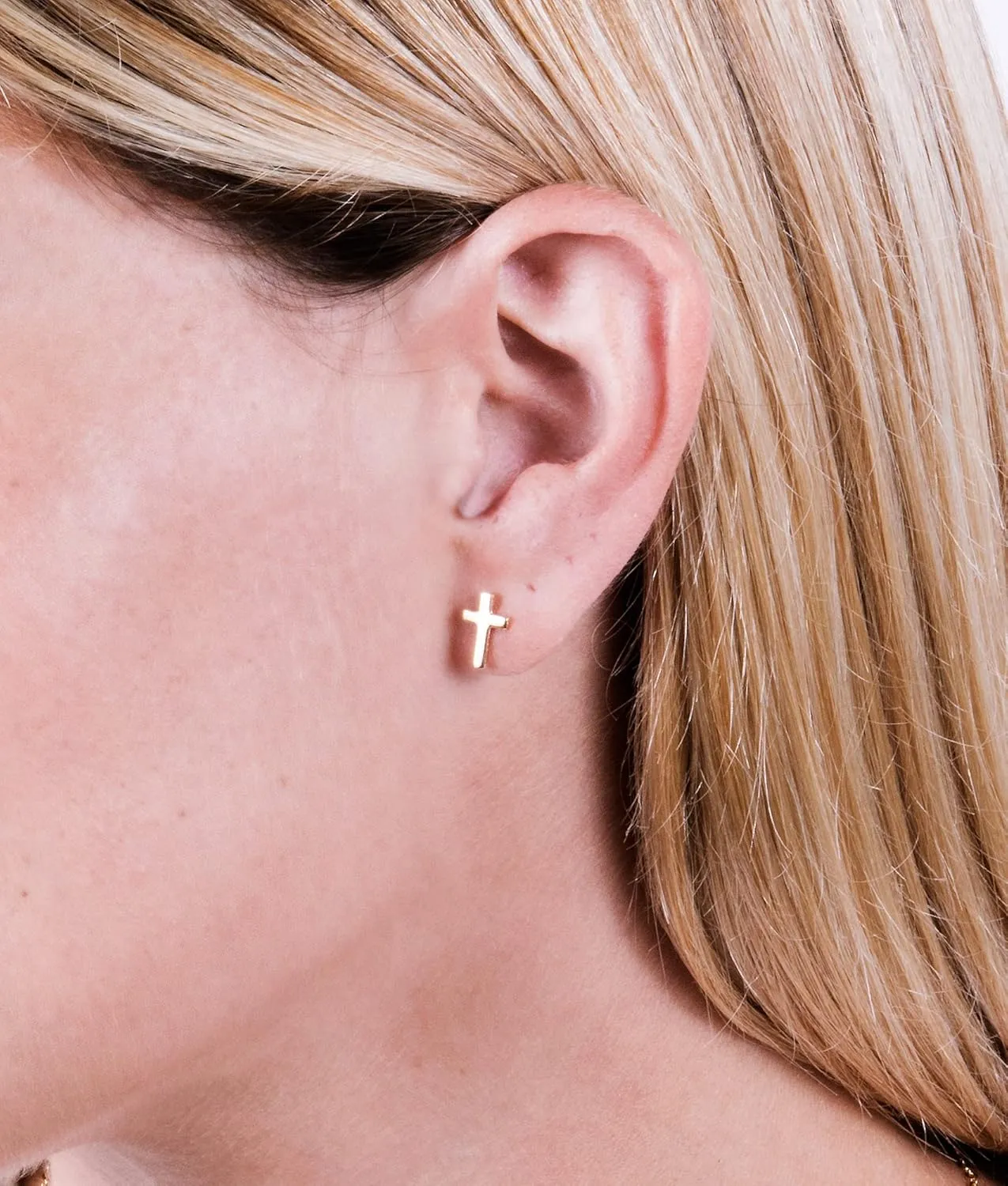 Rose Gold Cross Stud Earrings - Designer Handmade Minimalist Christian Post Earrings (Rose Gold)
