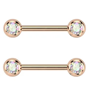 Rose Gold PVD Rainbow Aurora CZ Ball Internally Threaded Titanium Nipple Barbells