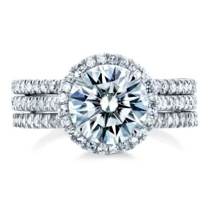 Round Brilliant Moissanite and Diamond Halo 3-Piece Bridal Rings Set 2 1/2 CTW 14k White Gold