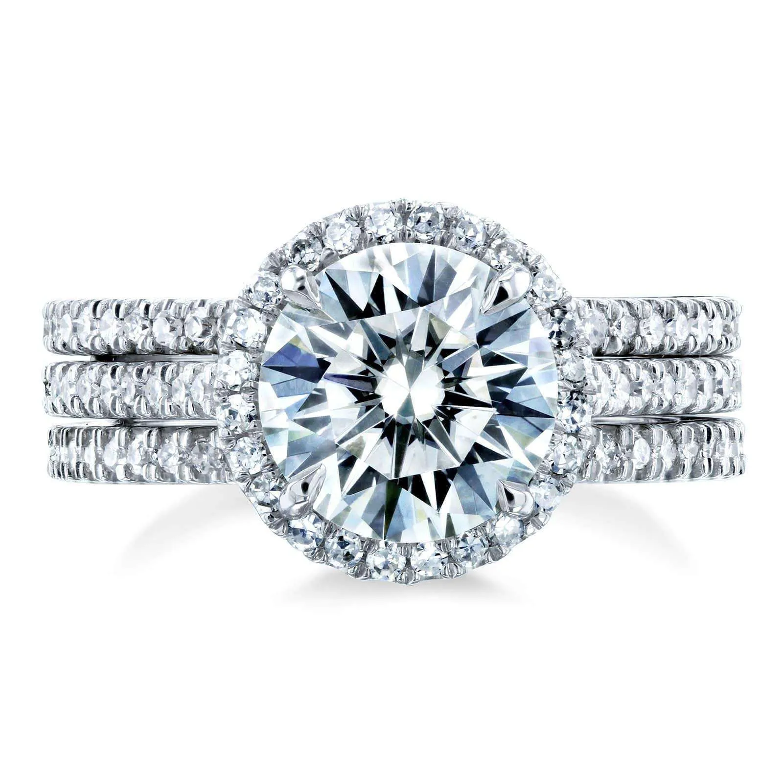 Round Brilliant Moissanite and Diamond Halo 3-Piece Bridal Rings Set 2 1/2 CTW 14k White Gold