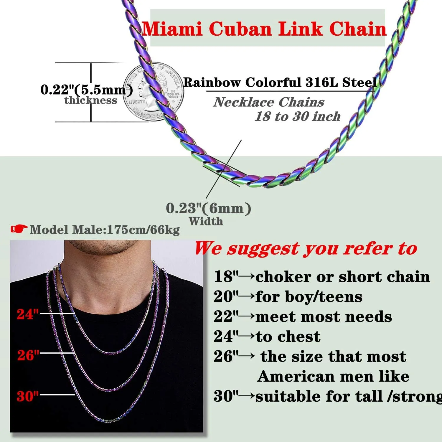 ROWIN&CO 6mm Multi-Color Chain Necklace Rainbow Stainless Steel Diamond Cut Miami Curb Cuban Link Necklace, Nickel-free, Colorful Chains, Hip hop Jewelry Choker Chain, 18-35 inch