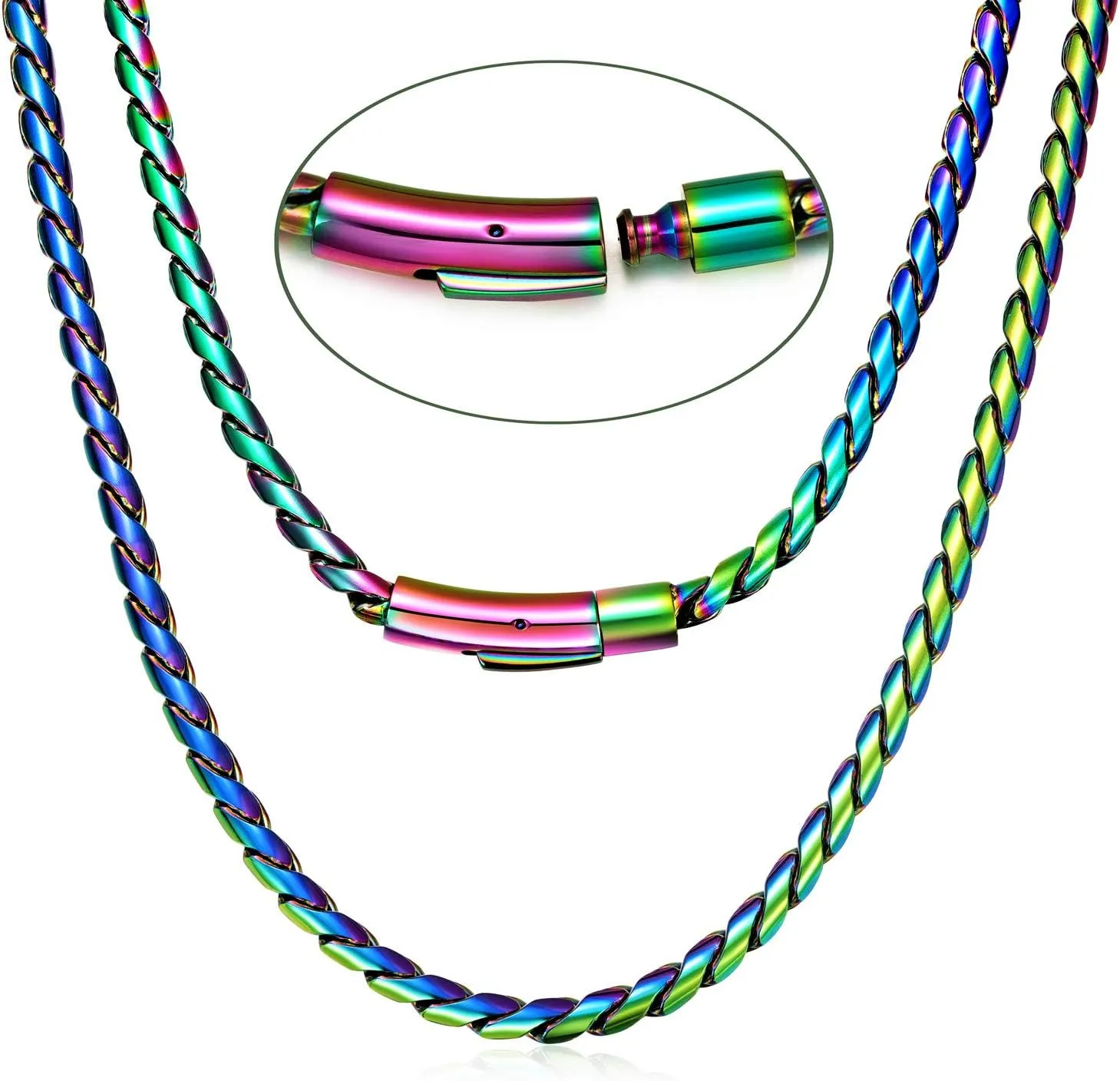 ROWIN&CO 6mm Multi-Color Chain Necklace Rainbow Stainless Steel Diamond Cut Miami Curb Cuban Link Necklace, Nickel-free, Colorful Chains, Hip hop Jewelry Choker Chain, 18-35 inch
