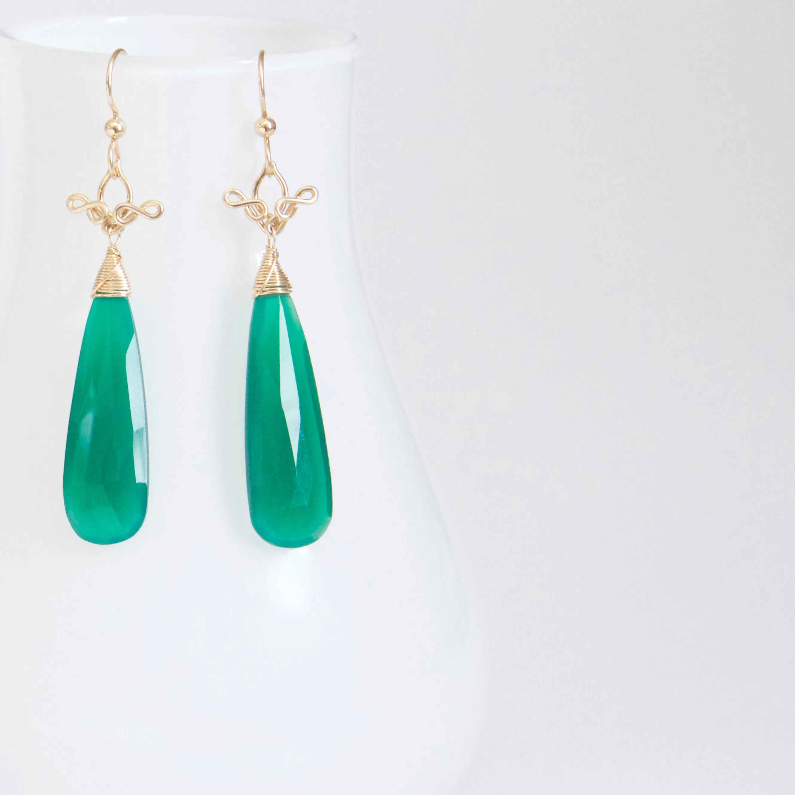 Salome - Green Onyx, 14k Gold Filled Long Earrings