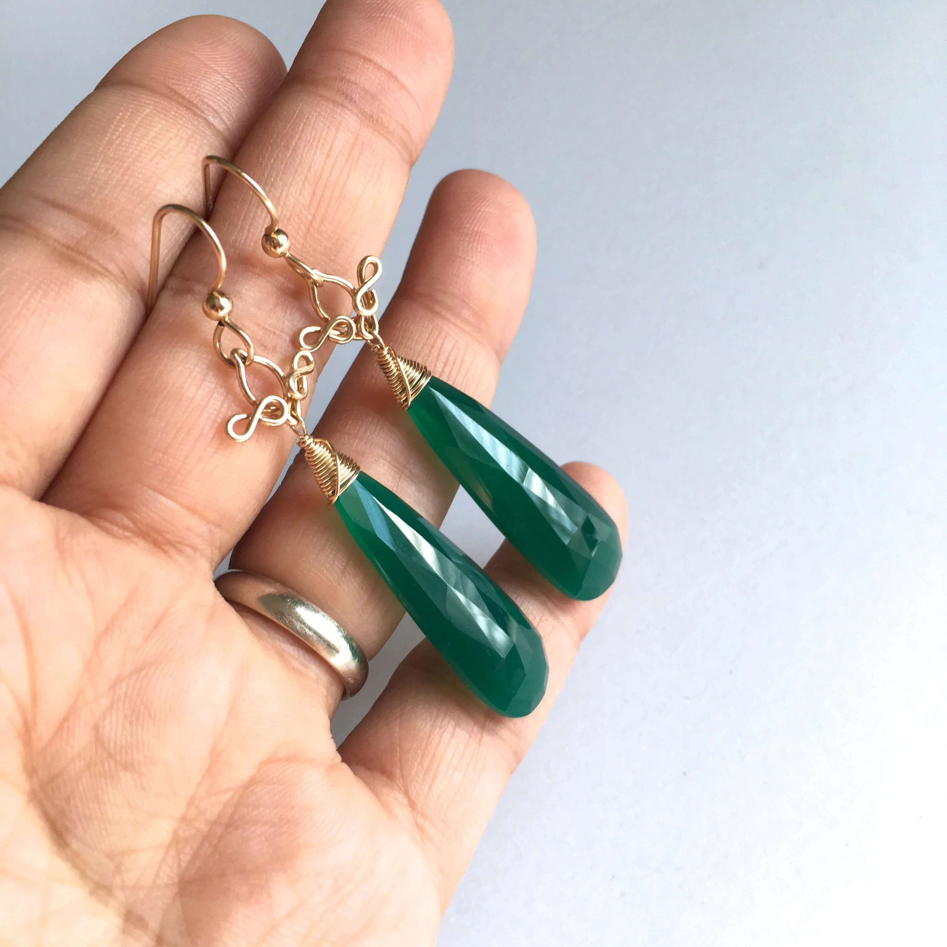 Salome - Green Onyx, 14k Gold Filled Long Earrings