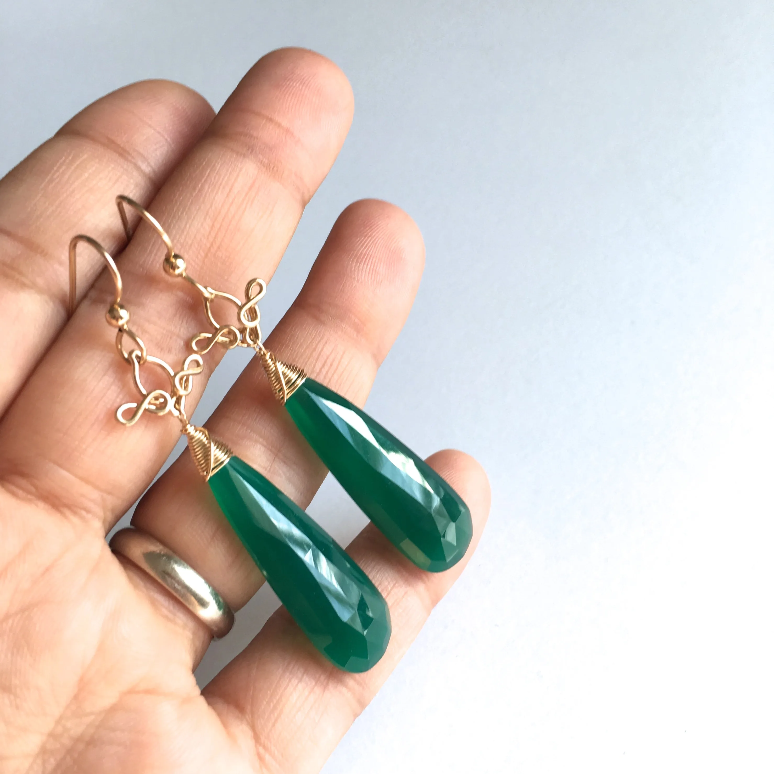 Salome - Green Onyx, 14k Gold Filled Long Earrings