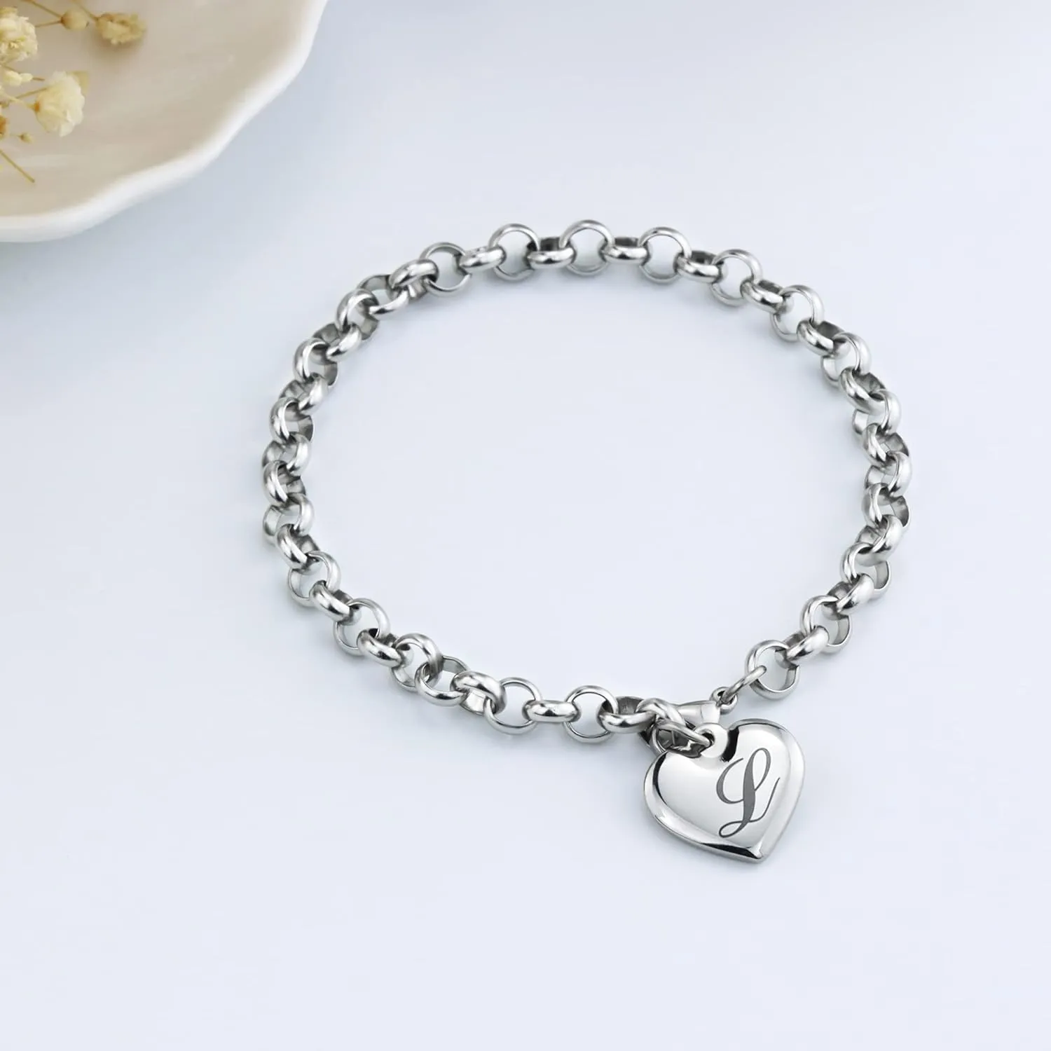 SANNYRA Charms Bracelets for Women, Heart Charm Initial Bracelet Trendy, 26 Letters Stainless Steel Jewelry Confirmation Gifts for Christmas Birthday