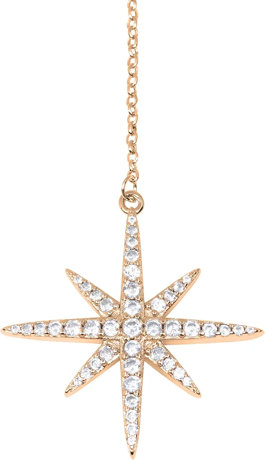 Savlano 14K Gold Plated Cubic Zirconia Round Cut Starburst 18 Inches Pendant Chain Necklace For Women