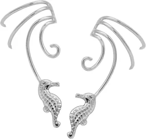 Sea Horse Non-pierced Wave Ear Cuff Earring Wraps Pair 925 Sterling Silver