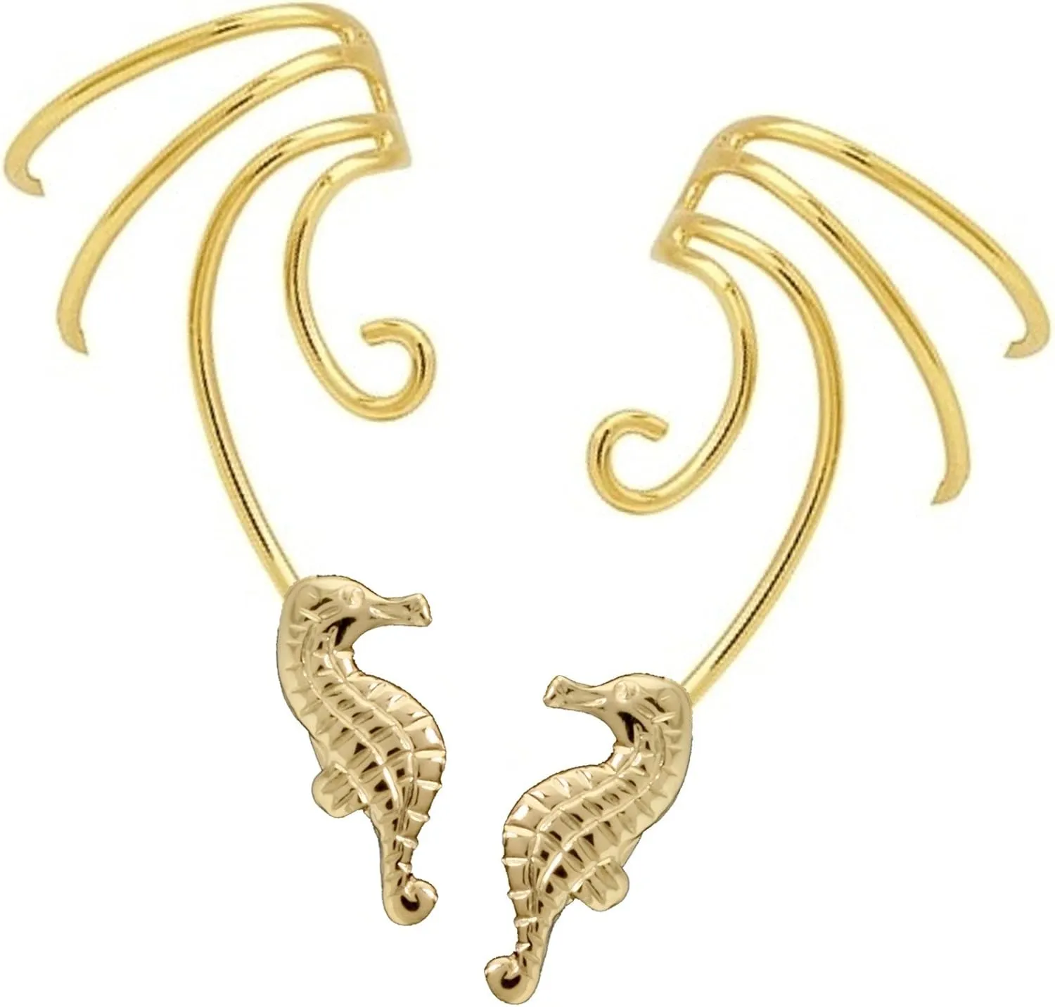 Sea Horse Non-pierced Wave Ear Cuff EarringWrap Pair Gold On 925 Sterling