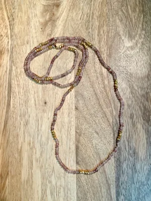 Semi Precious Pink & Brass Long Beaded Necklace