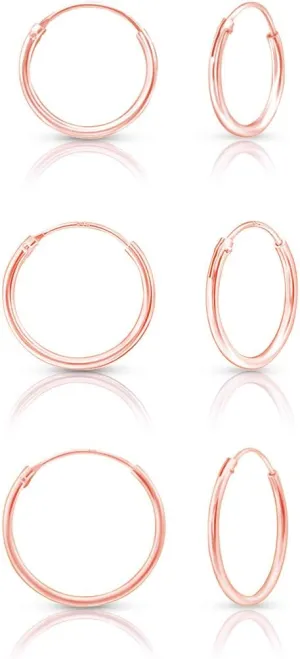 Set of 3 PAIRS of SMALL/MEDIUM 925 Sterling Silver, 24K Yellow or 18K Rose Gold Plated Endless Hoops/Sleepers Earrings - Thickness 1.5 mm - Mixed Sizes - Outer Diameter: 12, 14, 16, 18, 20 mm