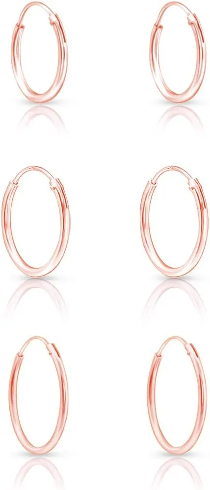 Set of 3 PAIRS of SMALL/MEDIUM 925 Sterling Silver, 24K Yellow or 18K Rose Gold Plated Endless Hoops/Sleepers Earrings - Thickness 1.5 mm - Mixed Sizes - Outer Diameter: 12, 14, 16, 18, 20 mm