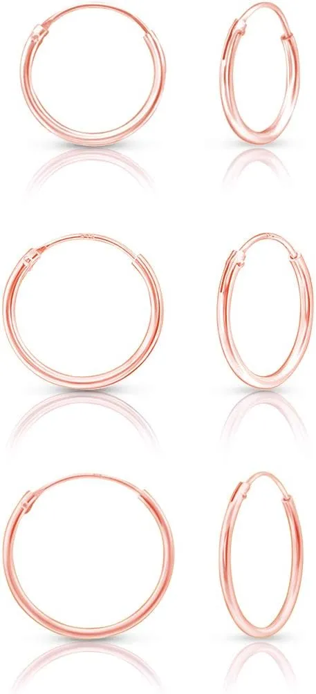 Set of 3 PAIRS of SMALL/MEDIUM 925 Sterling Silver, 24K Yellow or 18K Rose Gold Plated Endless Hoops/Sleepers Earrings - Thickness 1.5 mm - Mixed Sizes - Outer Diameter: 12, 14, 16, 18, 20 mm