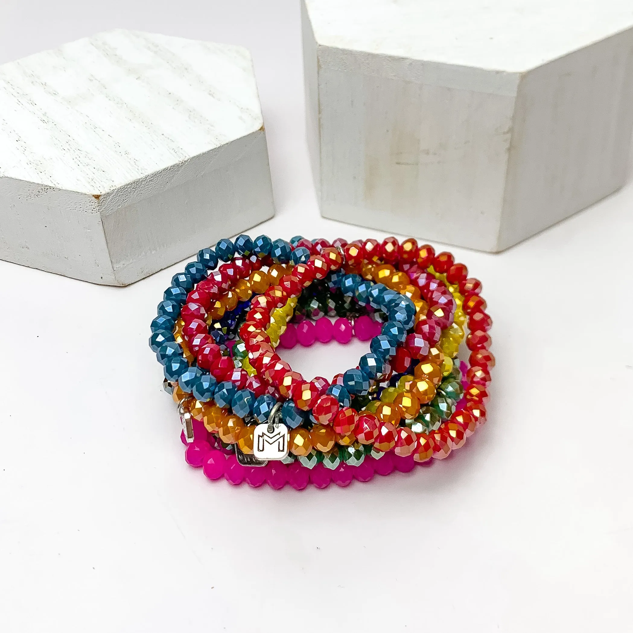 Set of Ten | Party Girl Crystal Beaded Bracelet Set in Dark Multicolor
