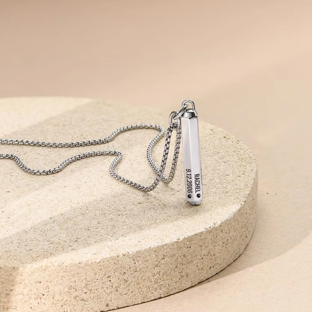 Sett & Co - Personalized 3D Engraved Hexagon Bar Necklace in Stainless Steel or Gold PVD Plating for Men, Him - Black Diamond Option - Custom Gift for Father's Day, Christmas, Valentine's Day