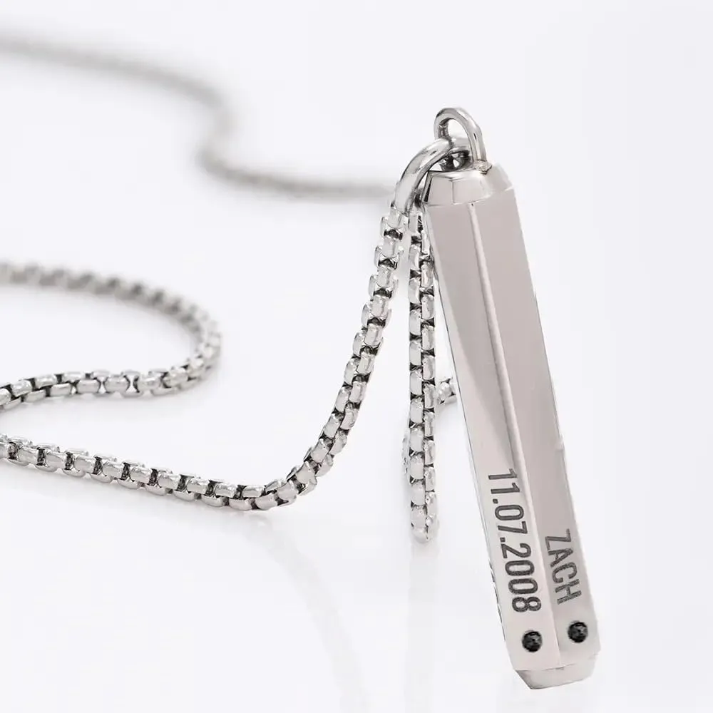 Sett & Co - Personalized 3D Engraved Hexagon Bar Necklace in Stainless Steel or Gold PVD Plating for Men, Him - Black Diamond Option - Custom Gift for Father's Day, Christmas, Valentine's Day