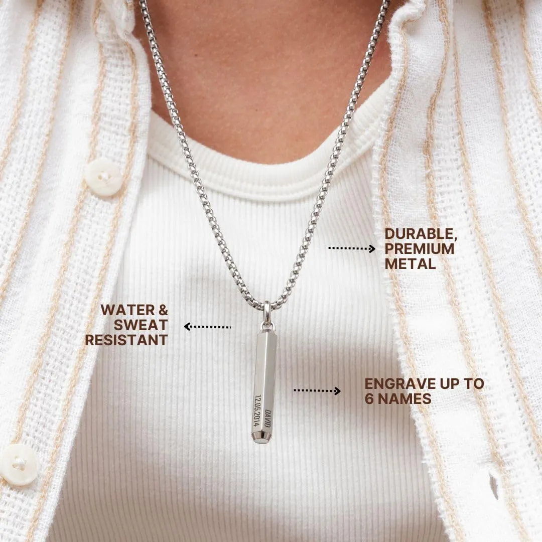 Sett & Co - Personalized 3D Engraved Hexagon Bar Necklace in Stainless Steel or Gold PVD Plating for Men, Him - Black Diamond Option - Custom Gift for Father's Day, Christmas, Valentine's Day