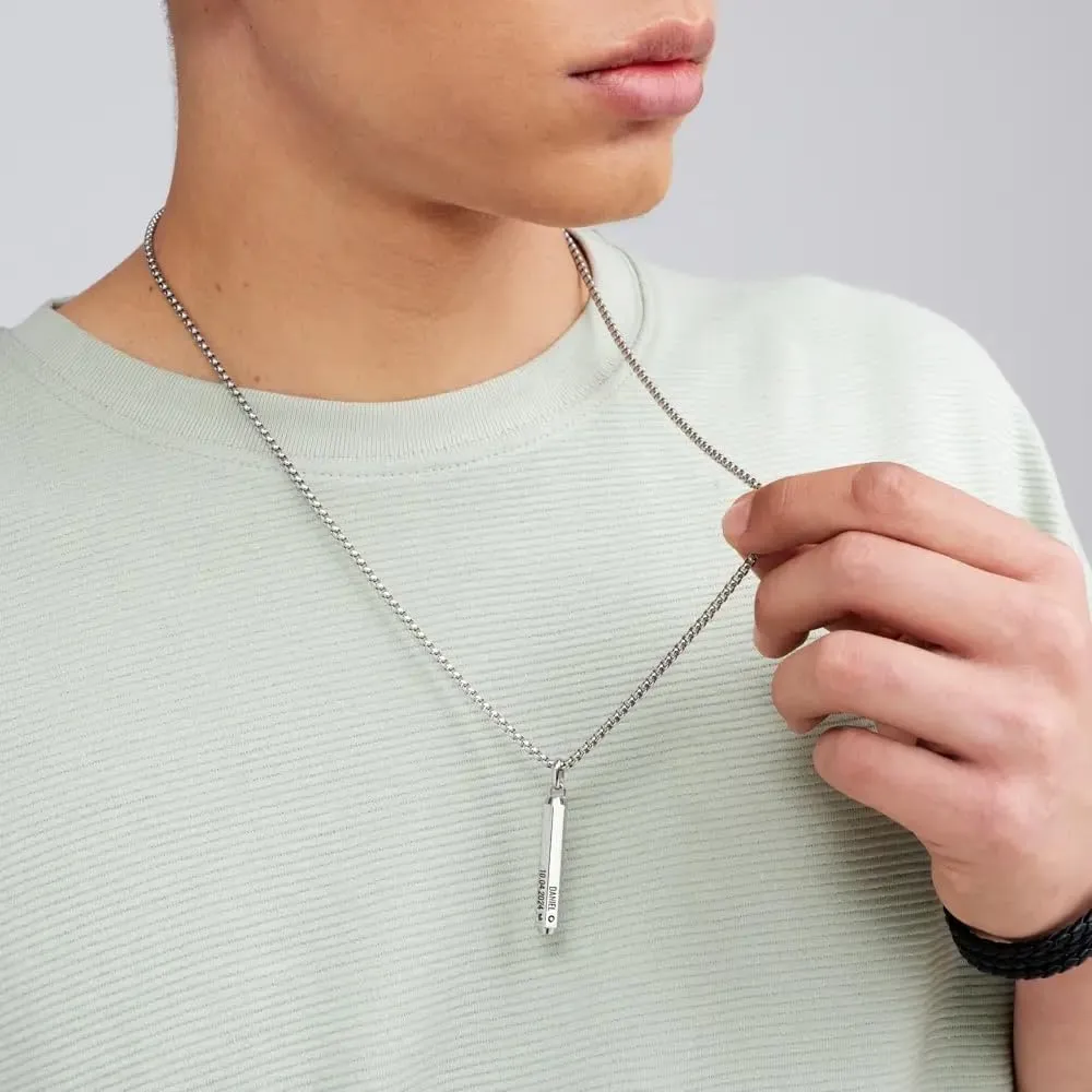 Sett & Co - Personalized 3D Engraved Hexagon Bar Necklace in Stainless Steel or Gold PVD Plating for Men, Him - Black Diamond Option - Custom Gift for Father's Day, Christmas, Valentine's Day