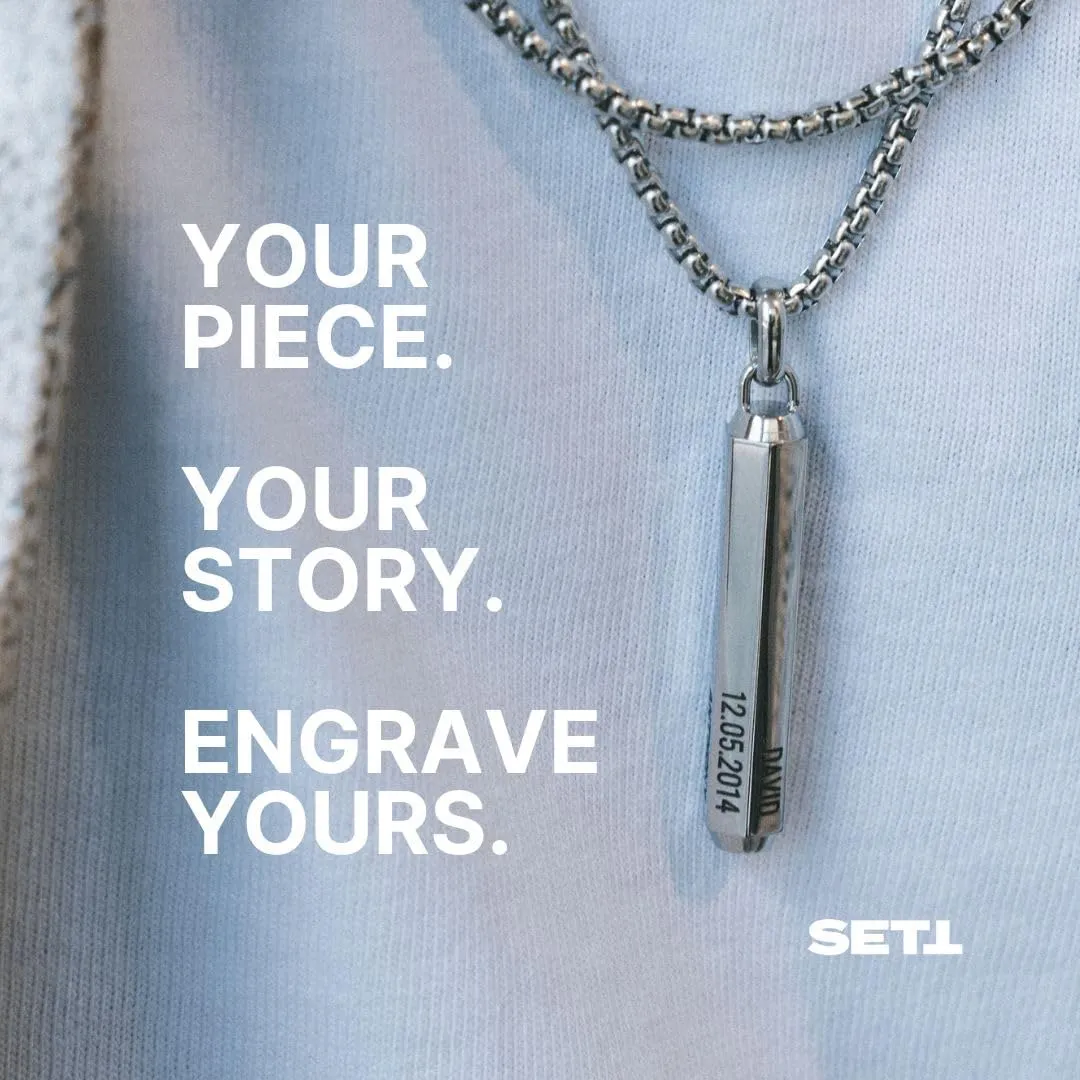 Sett & Co - Personalized 3D Engraved Hexagon Bar Necklace in Stainless Steel or Gold PVD Plating for Men, Him - Black Diamond Option - Custom Gift for Father's Day, Christmas, Valentine's Day