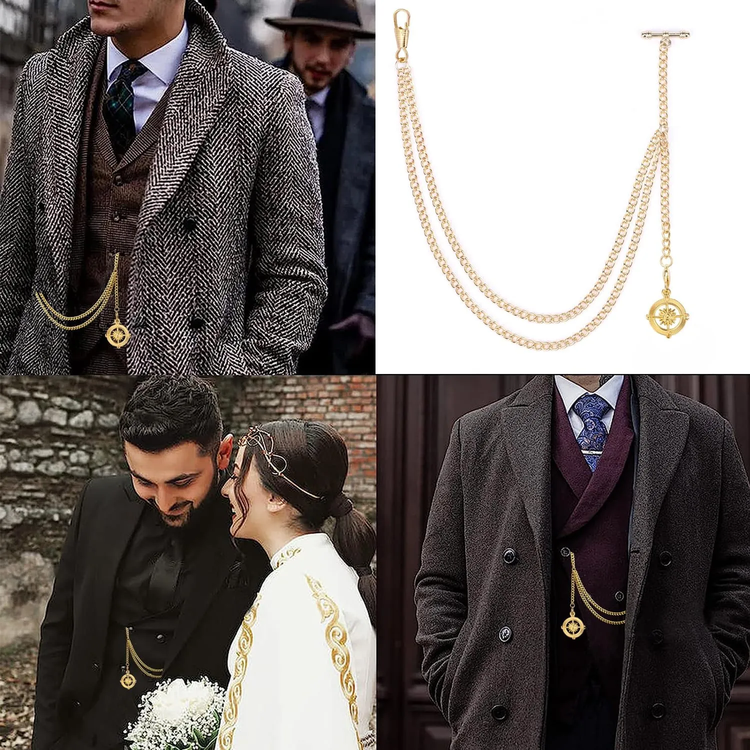 SIBOSUN Pocket Watch Chain Single Albert Chain T Bar with Lobster Clasps & Life Tree Pendant