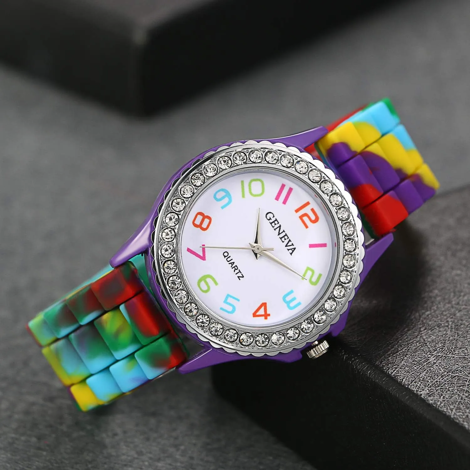 Silicone Colorful Band Watch: Women Men Rainbow Rhinestone Cute Jelly ACrystal Multicolor nalog Quartz Wristwatch