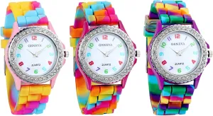 Silicone Colorful Band Watch: Women Men Rainbow Rhinestone Cute Jelly ACrystal Multicolor nalog Quartz Wristwatch