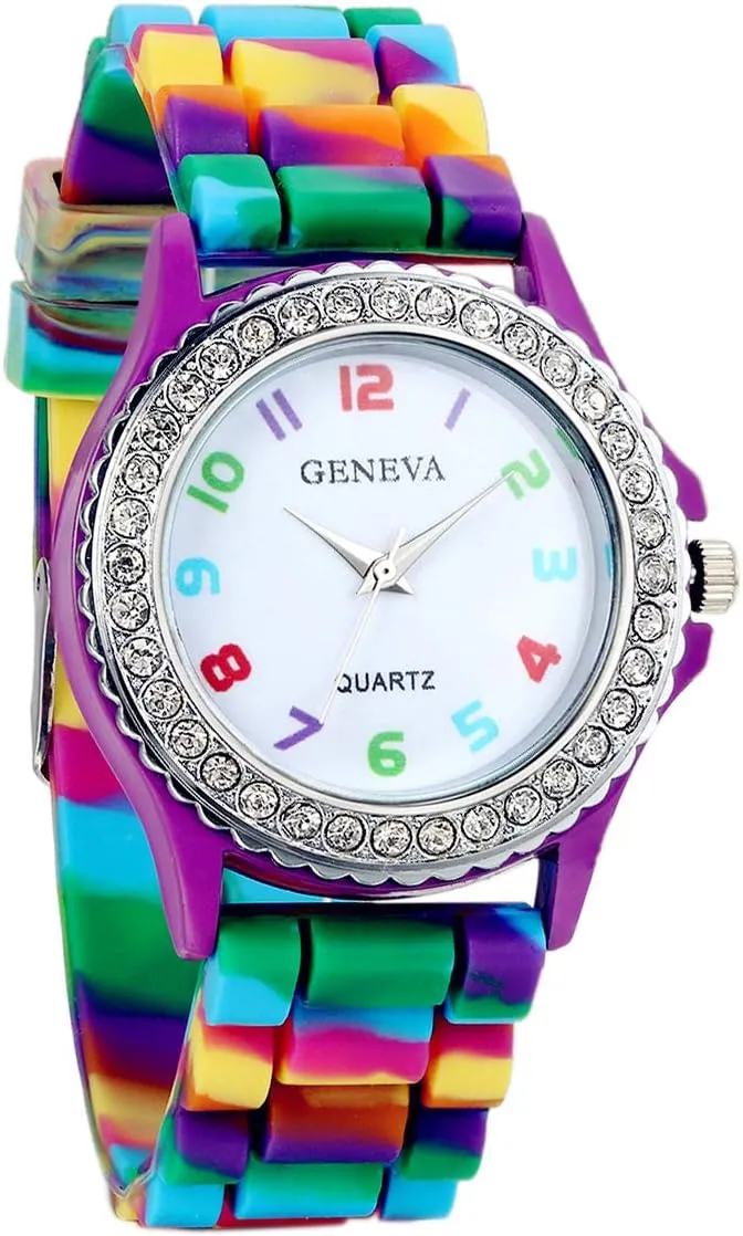 Silicone Colorful Band Watch: Women Men Rainbow Rhinestone Cute Jelly ACrystal Multicolor nalog Quartz Wristwatch
