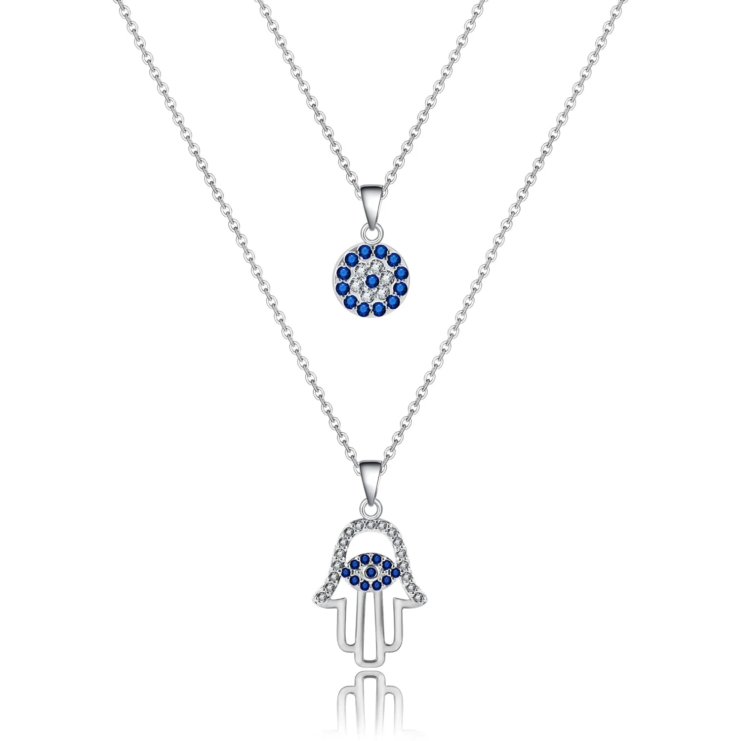 Silver Evil Eye Necklace Hamsa Necklace for Women Silver Layered Necklace Evil Eye Charm Evil Eye Protection Jewelry for Women