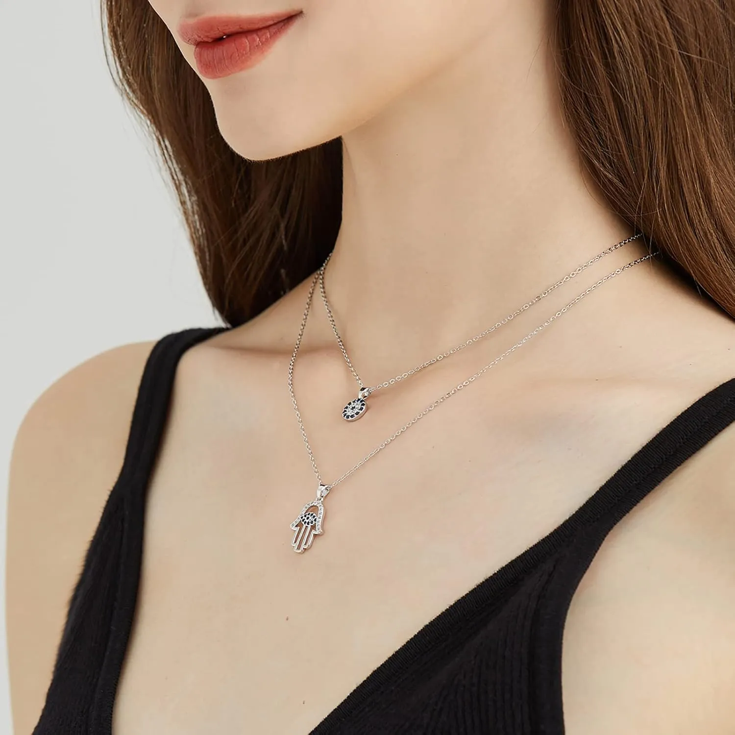 Silver Evil Eye Necklace Hamsa Necklace for Women Silver Layered Necklace Evil Eye Charm Evil Eye Protection Jewelry for Women