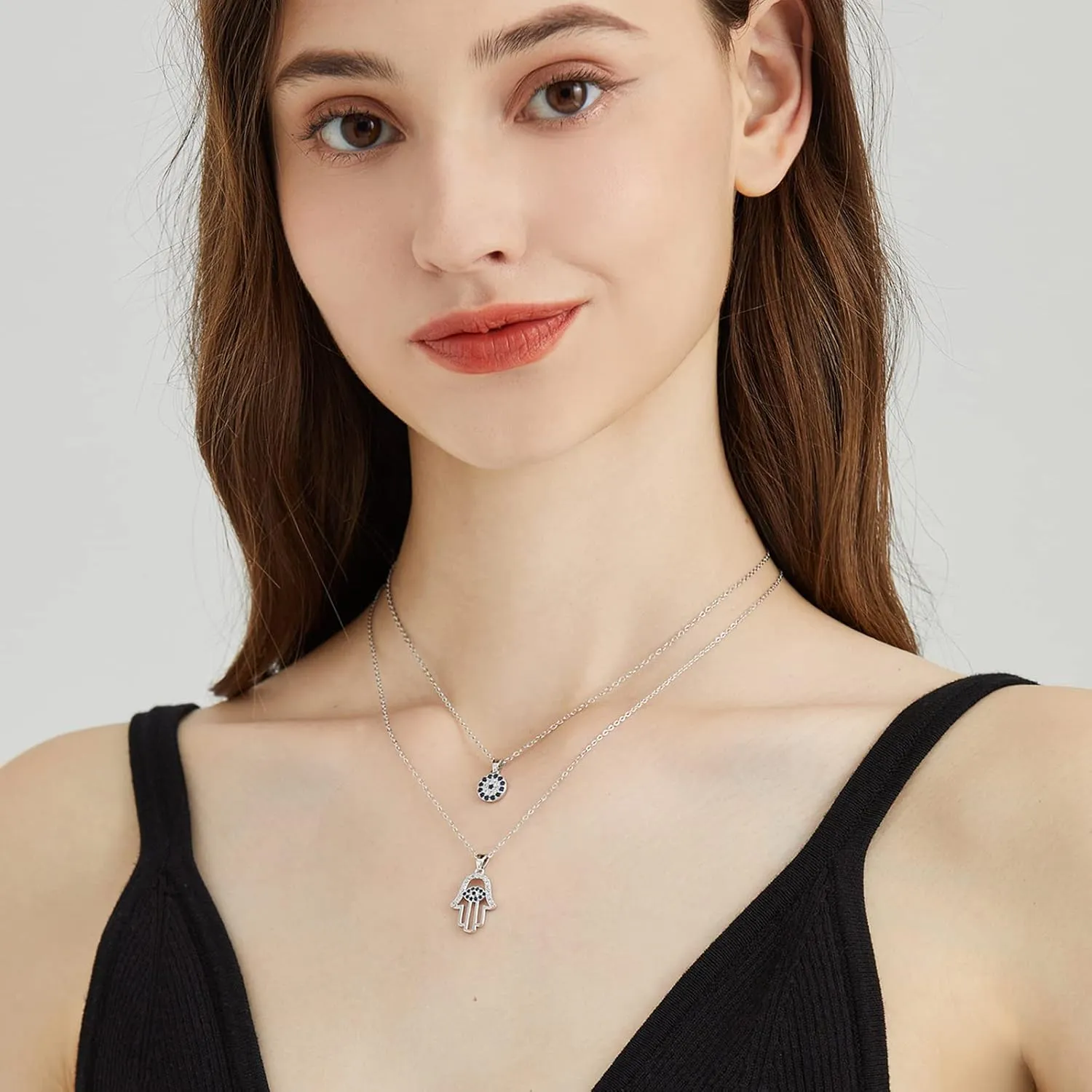 Silver Evil Eye Necklace Hamsa Necklace for Women Silver Layered Necklace Evil Eye Charm Evil Eye Protection Jewelry for Women