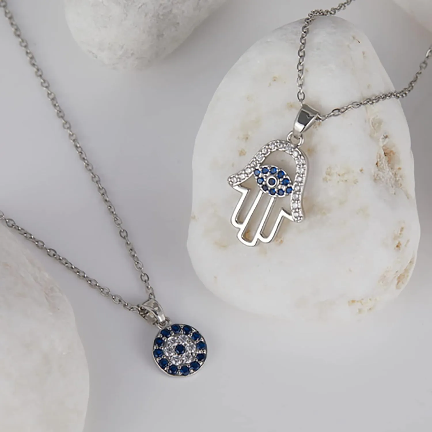 Silver Evil Eye Necklace Hamsa Necklace for Women Silver Layered Necklace Evil Eye Charm Evil Eye Protection Jewelry for Women