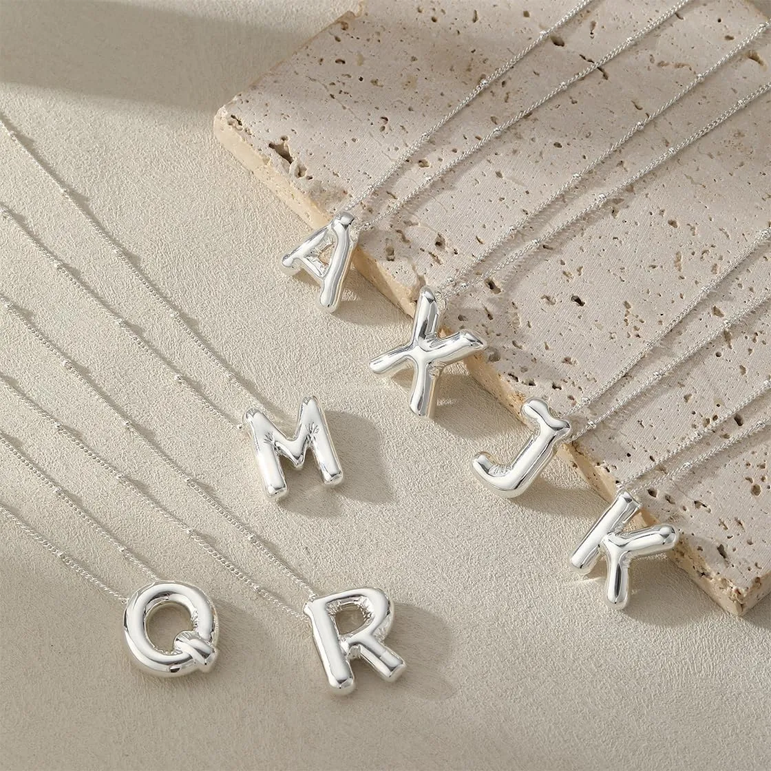 Silver Letter Necklace for Women, Sterling Silver/14K Gold Balloon Initial A-Z Pendant Necklace Trendy Dainty Satellite Bead Chain Necklace Personalized Custom Jewelry Gifts for Women