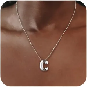 Silver Letter Necklace for Women, Sterling Silver/14K Gold Balloon Initial A-Z Pendant Necklace Trendy Dainty Satellite Bead Chain Necklace Personalized Custom Jewelry Gifts for Women