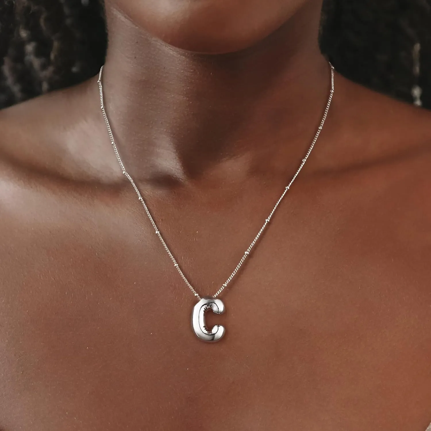 Silver Letter Necklace for Women, Sterling Silver/14K Gold Balloon Initial A-Z Pendant Necklace Trendy Dainty Satellite Bead Chain Necklace Personalized Custom Jewelry Gifts for Women