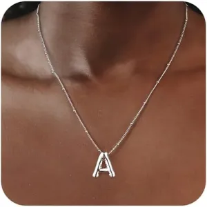 Silver Letter Necklace for Women, Sterling Silver/14K Gold Balloon Initial A-Z Pendant Necklace Trendy Dainty Satellite Bead Chain Necklace Personalized Custom Jewelry Gifts for Women