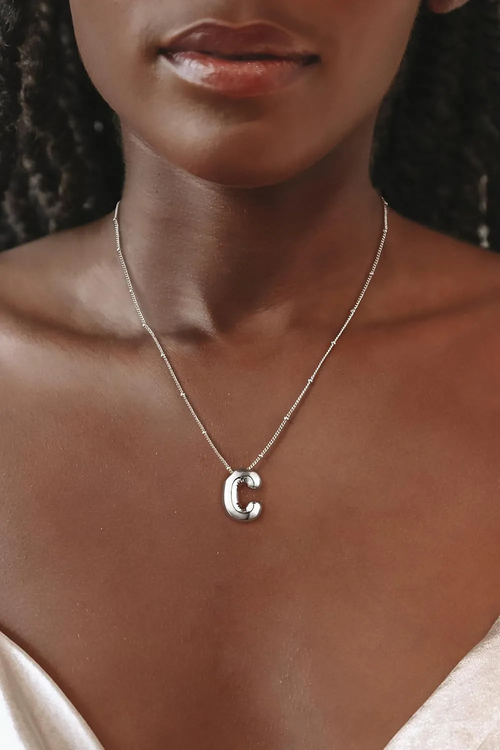 Silver Letter Necklace for Women, Sterling Silver/14K Gold Balloon Initial A-Z Pendant Necklace Trendy Dainty Satellite Bead Chain Necklace Personalized Custom Jewelry Gifts for Women