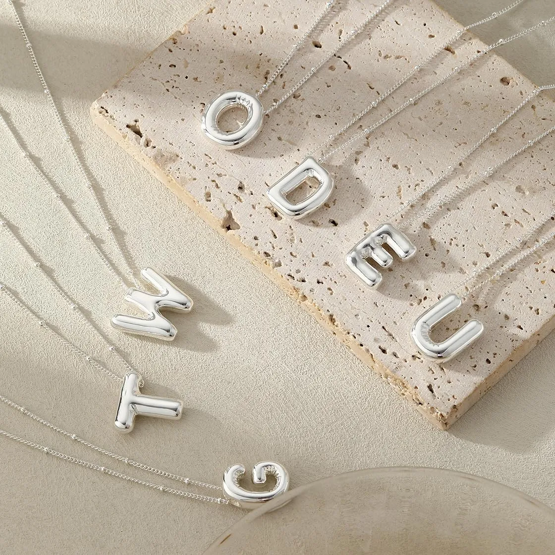 Silver Letter Necklace for Women, Sterling Silver/14K Gold Balloon Initial A-Z Pendant Necklace Trendy Dainty Satellite Bead Chain Necklace Personalized Custom Jewelry Gifts for Women