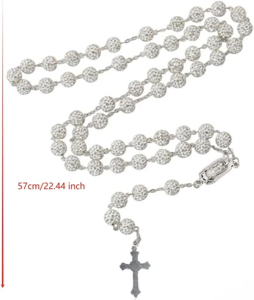 Silver Rosary necklace,Rhinestone rosary,vintage,VibrantRosary Cross Pendant Necklace,Christian ReligiousSymbol,Perfect Easter Holiday Gift