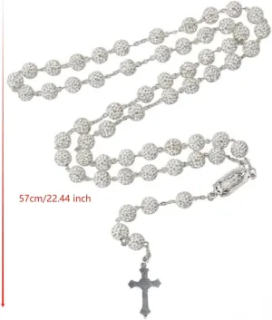 Silver Rosary necklace,Rhinestone rosary,vintage,VibrantRosary Cross Pendant Necklace,Christian ReligiousSymbol,Perfect Easter Holiday Gift