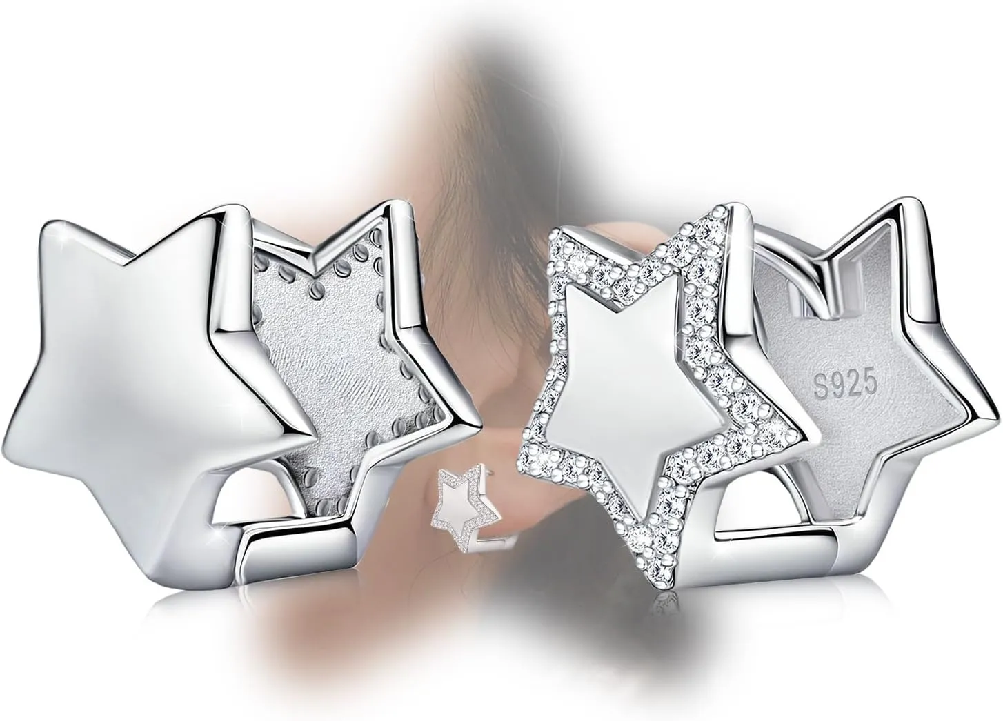 Silver Star Hoop Earrings for Teen Girls Women - Sterling Silver Double Sided Earrings Hypoallergenic Cubic Zirconia Star Earrings Double Star Loop Earrings Fashion Women's Earrings Gift for Christmas