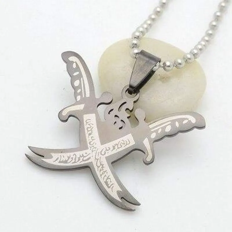 Silver Tone Black Islamic Imam Ali Crossing Sword Zulfiqar Pendant Necklace For Shia Muslim W/SS Chain 60CM Long