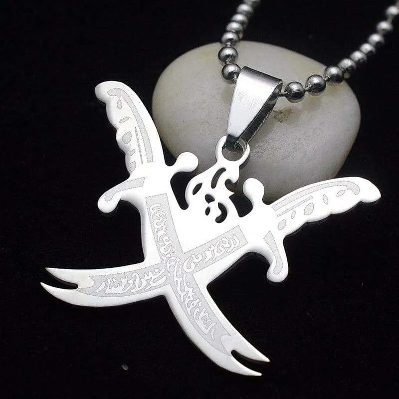 Silver Tone Black Islamic Imam Ali Crossing Sword Zulfiqar Pendant Necklace For Shia Muslim W/SS Chain 60CM Long