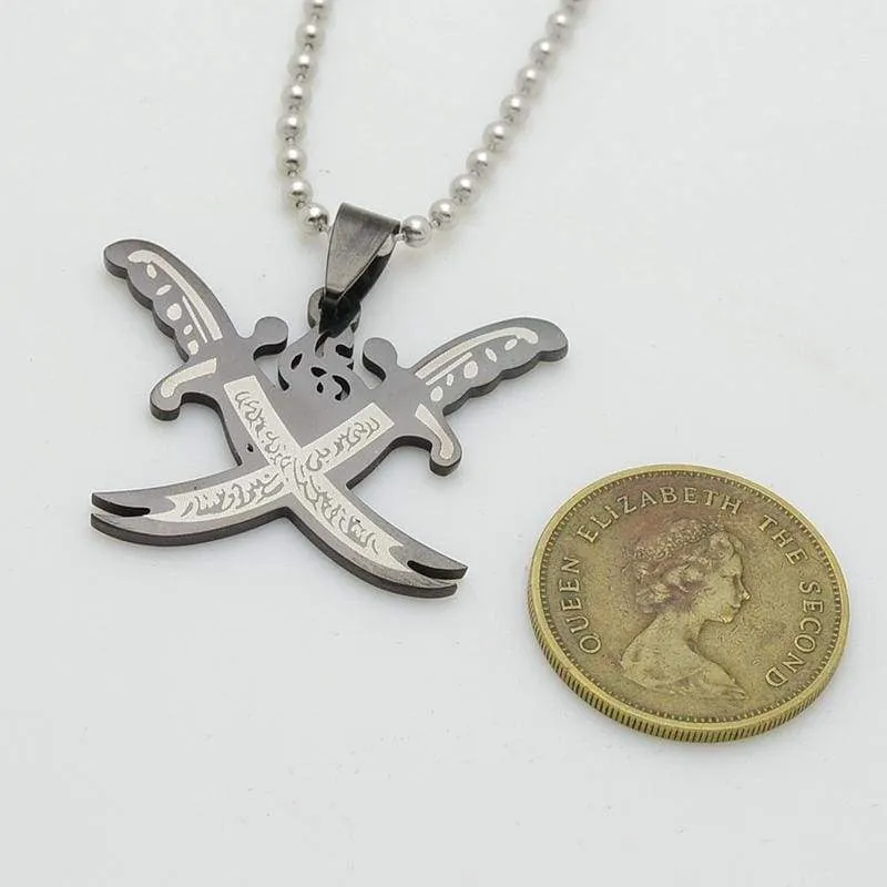 Silver Tone Black Islamic Imam Ali Crossing Sword Zulfiqar Pendant Necklace For Shia Muslim W/SS Chain 60CM Long