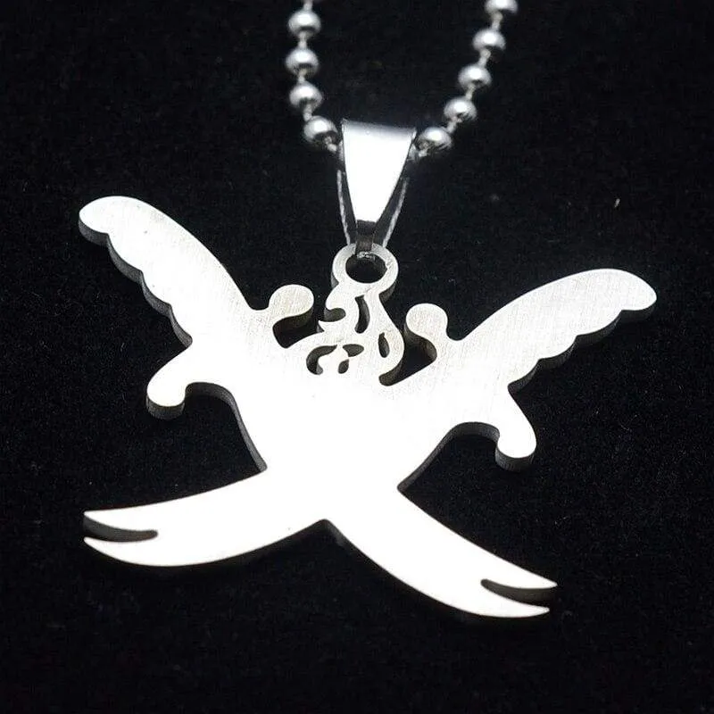 Silver Tone Black Islamic Imam Ali Crossing Sword Zulfiqar Pendant Necklace For Shia Muslim W/SS Chain 60CM Long