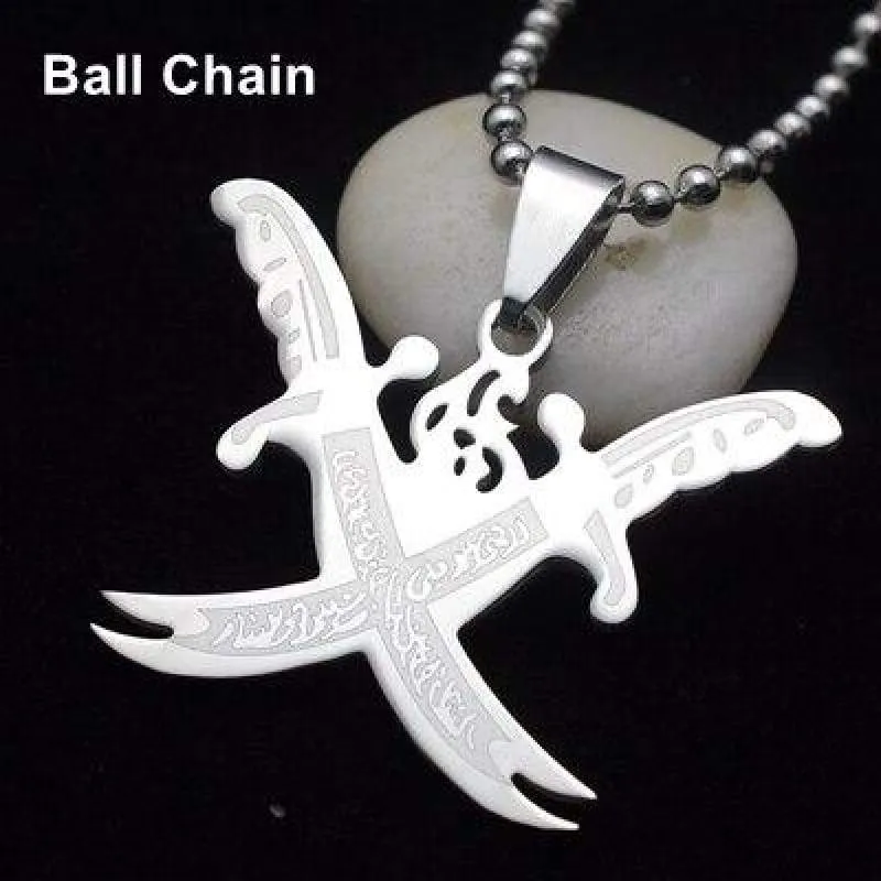Silver Tone Black Islamic Imam Ali Crossing Sword Zulfiqar Pendant Necklace For Shia Muslim W/SS Chain 60CM Long