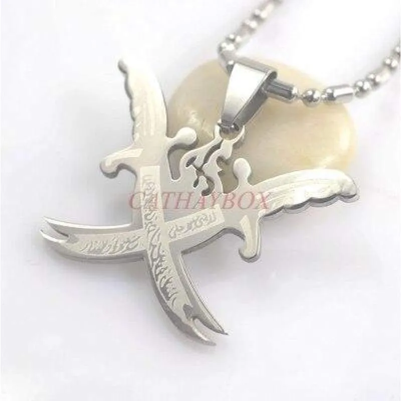 Silver Tone Black Islamic Imam Ali Crossing Sword Zulfiqar Pendant Necklace For Shia Muslim W/SS Chain 60CM Long