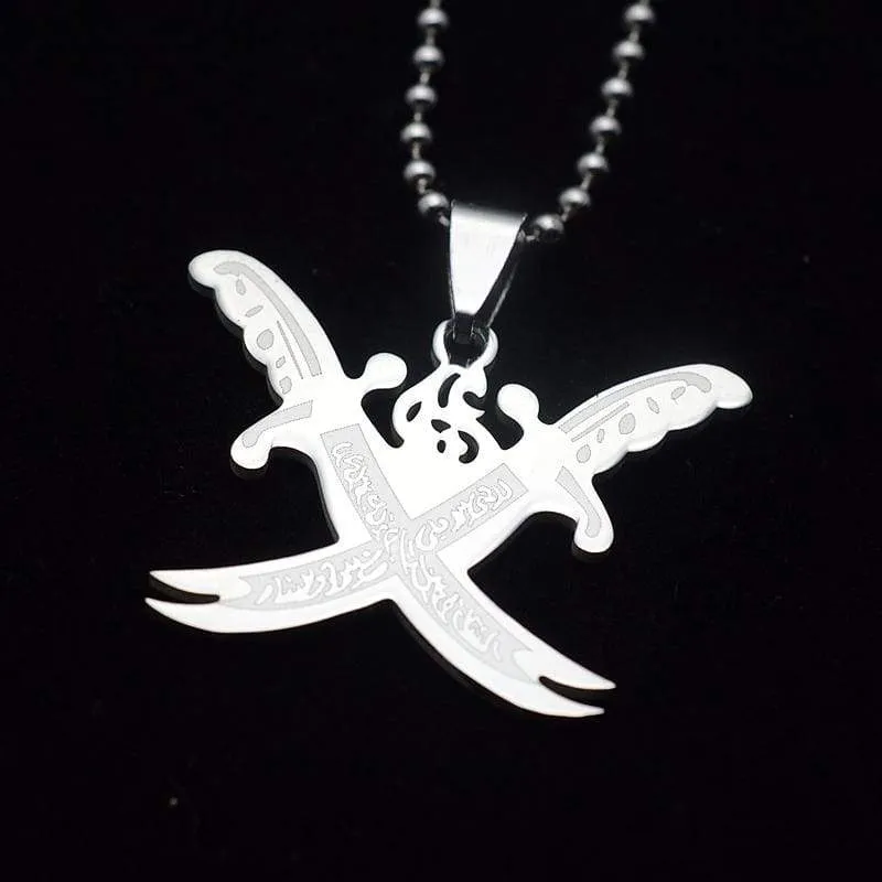 Silver Tone Black Islamic Imam Ali Crossing Sword Zulfiqar Pendant Necklace For Shia Muslim W/SS Chain 60CM Long