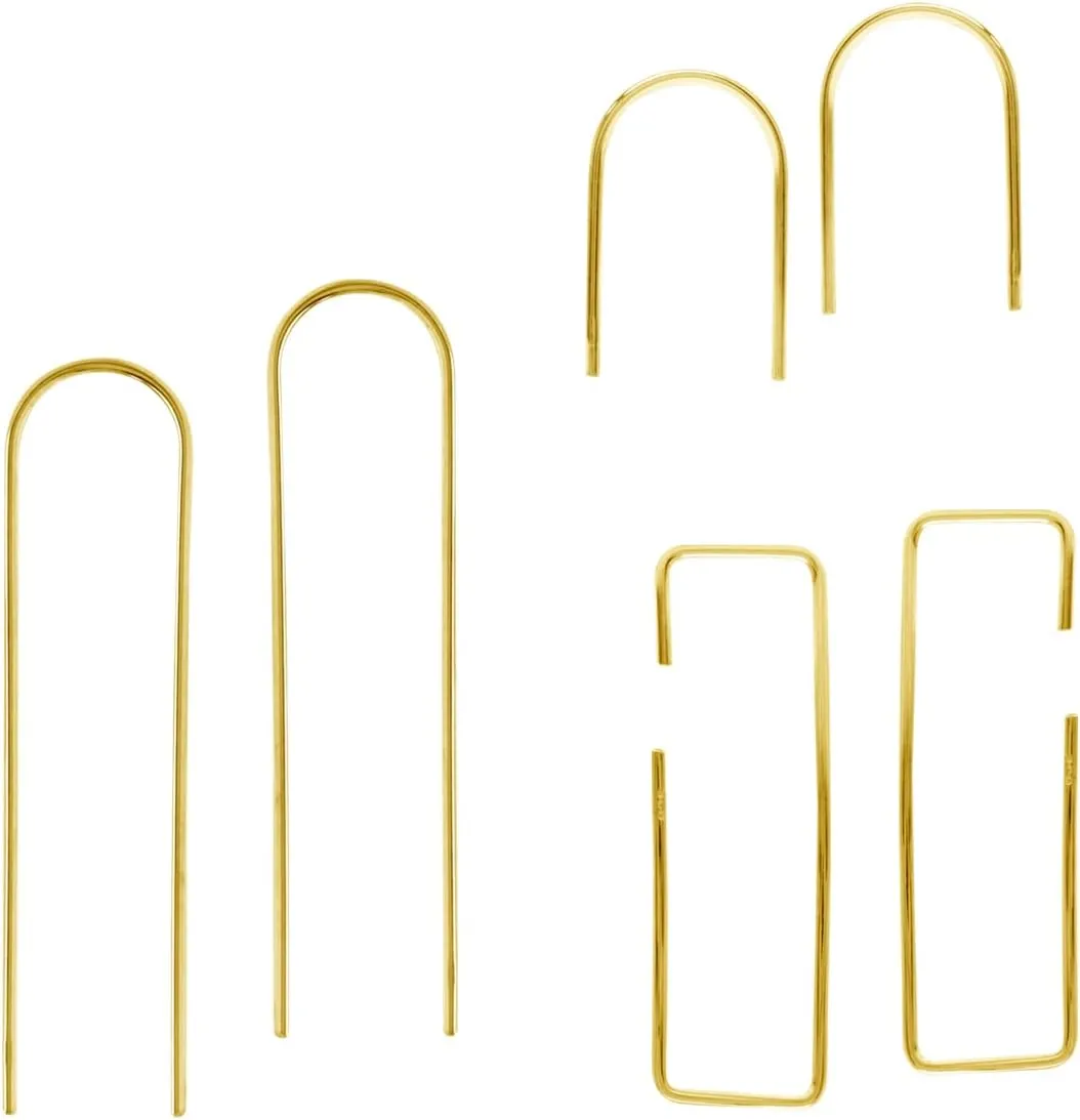 Silvershake 3 Pair White Gold Plated or Yellow Gold Plated 925 Sterling Silver Short U Long U and Rectangle Hoop Skinny Wire Minimalist Earrings Jewelry for Women